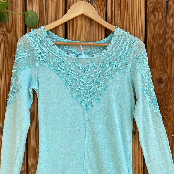 Free People Studded Mesh Aqua Long Sleeve - Picture 2 of 13